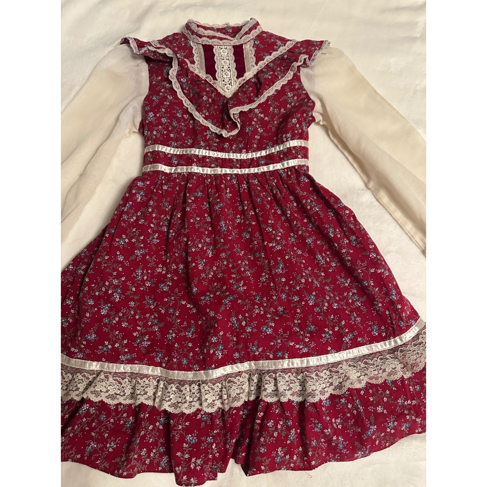 Vintage Gunne Sax Girls Dress 6X Burgundy Floral Lace Prairie Victorian Red - Picture 10 of 16